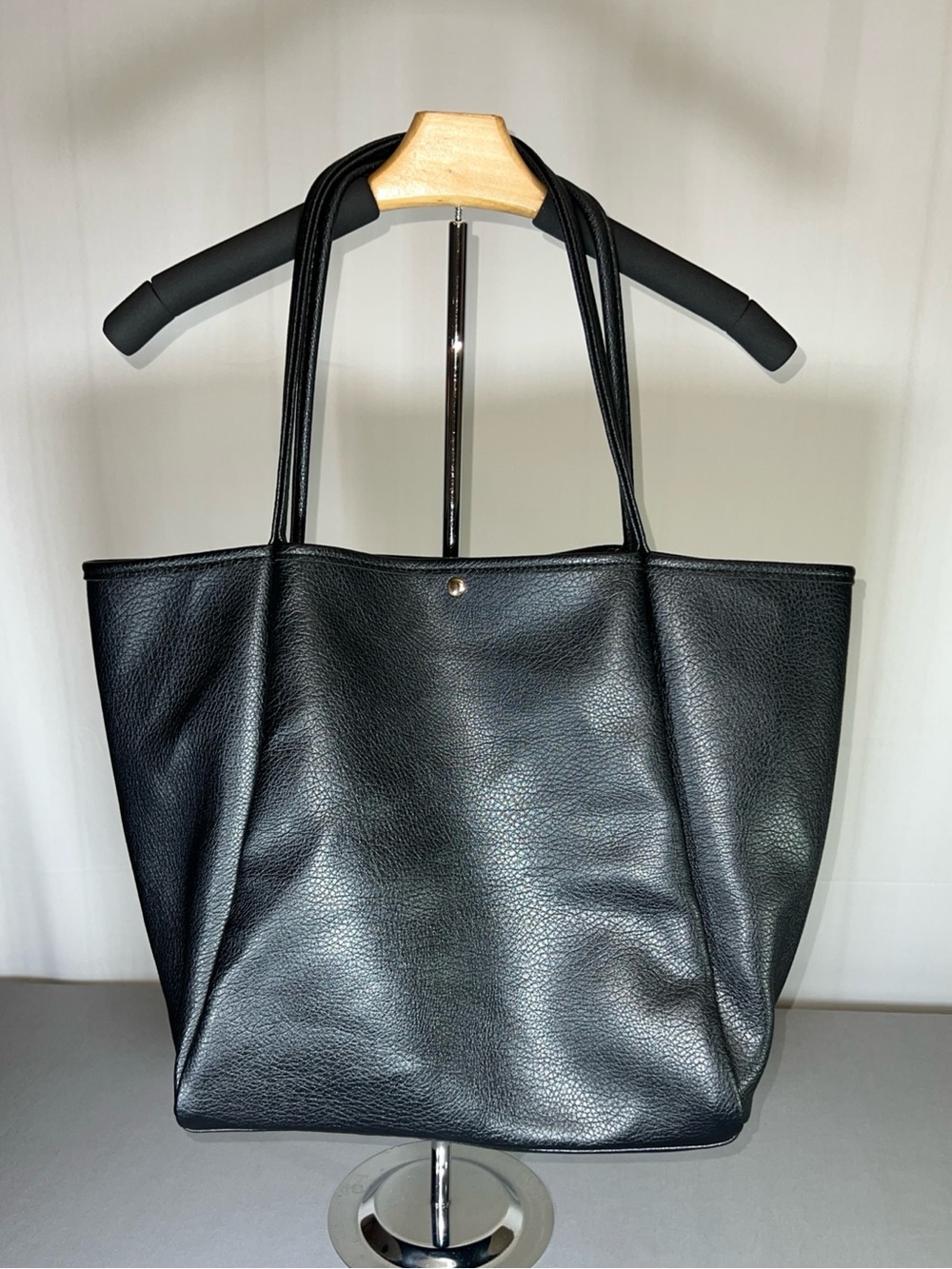 Hoxis Classic Black Leather Tote Bag with Double Shoulder Straps